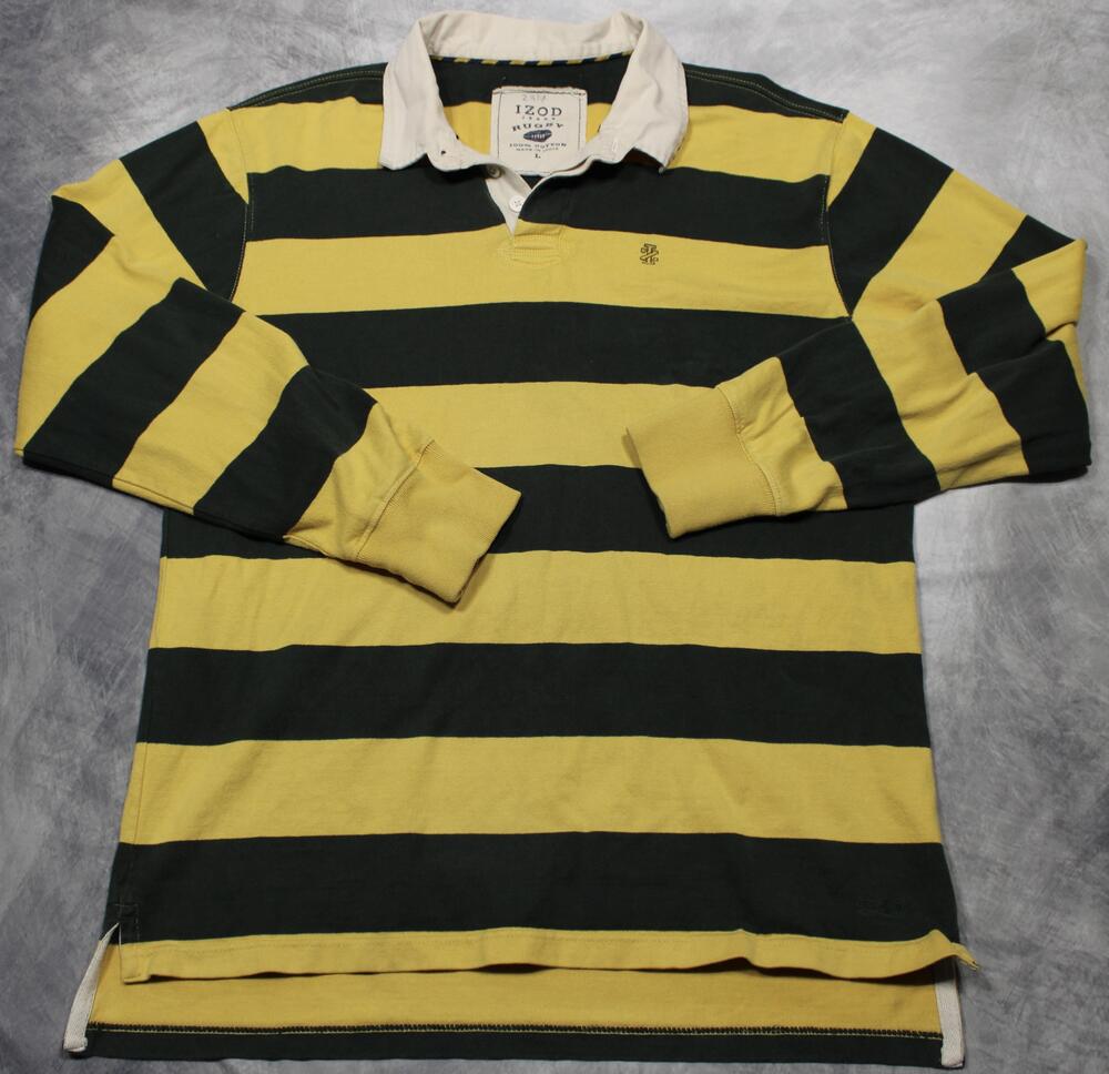 IZOD Rugby Shirt Mens Large Yellow Green Stripe Long Sleeve Jeans Logo Casual